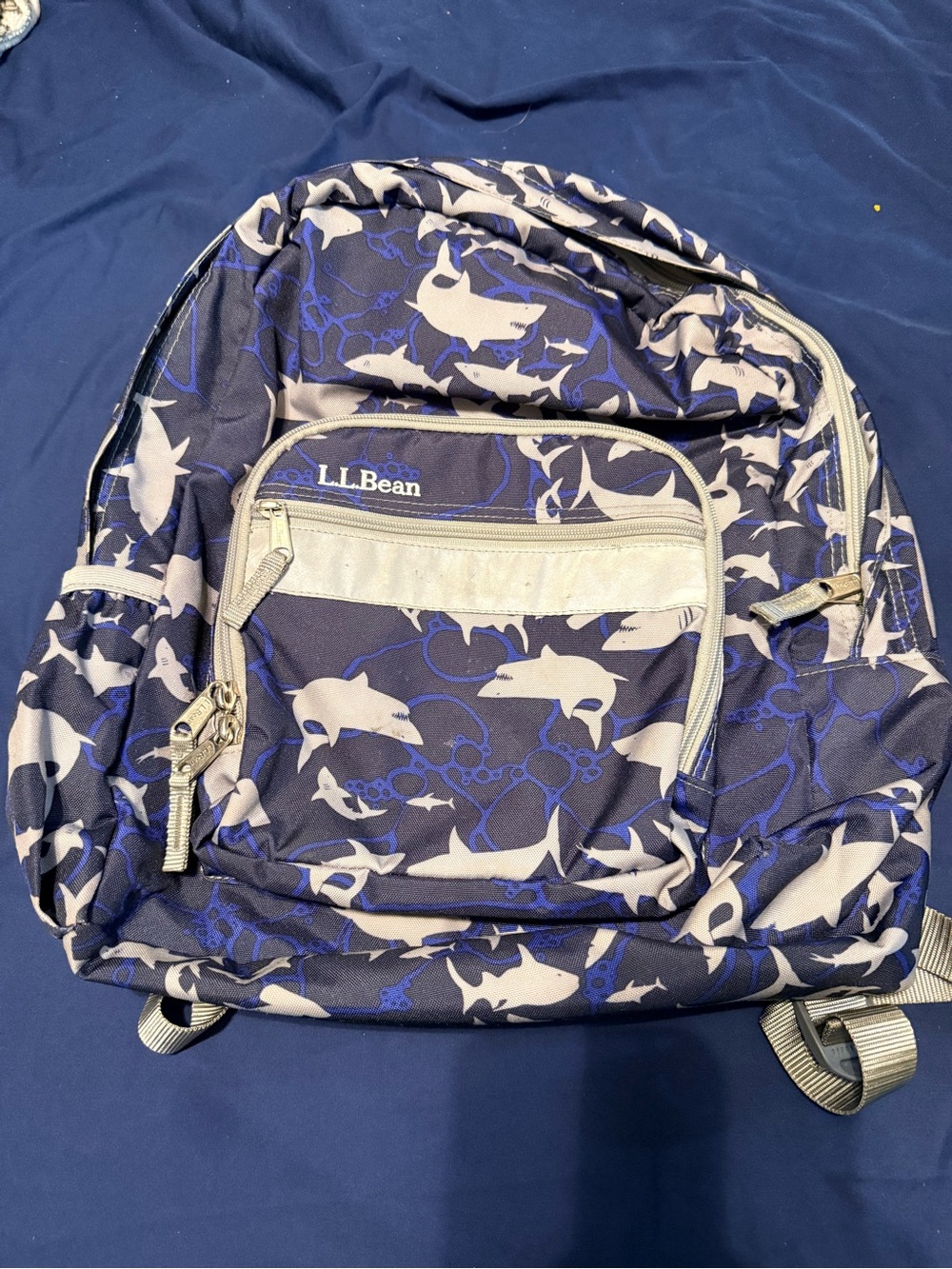 L.L.Bean Navy and White Shark Print Backpack